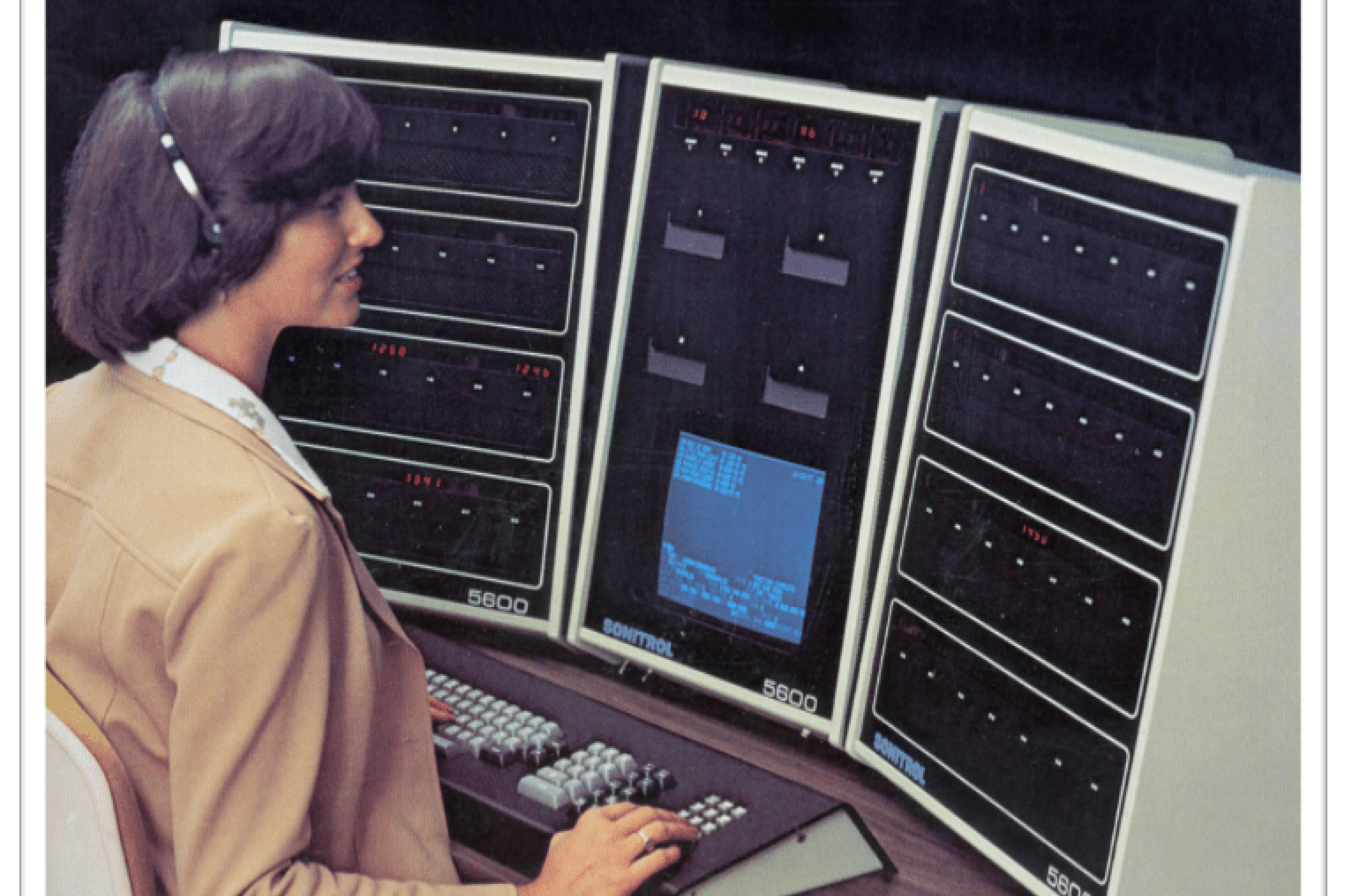 Vintage photo of woman at control station