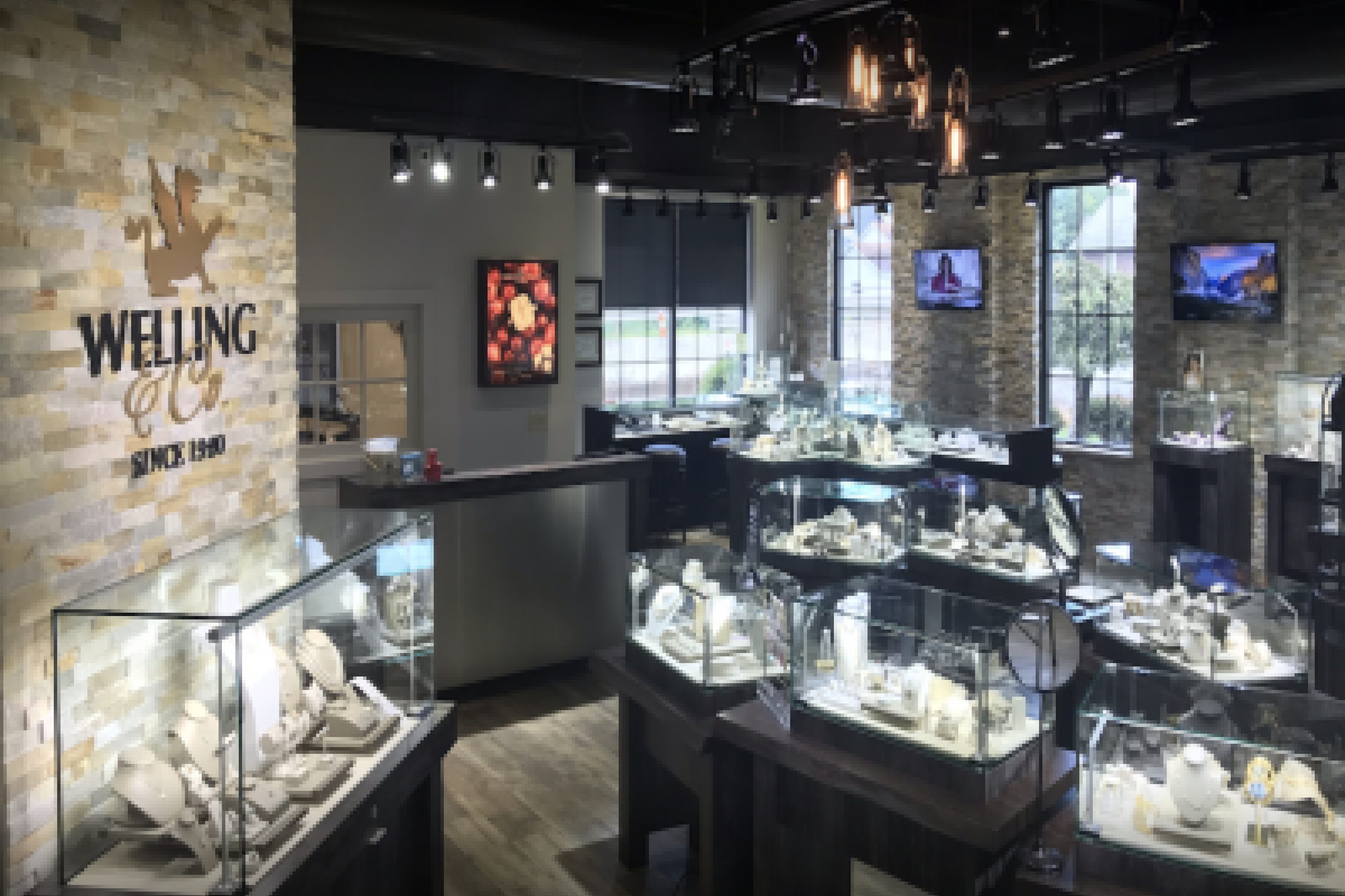 Jewelry glass displays on the main showing floor