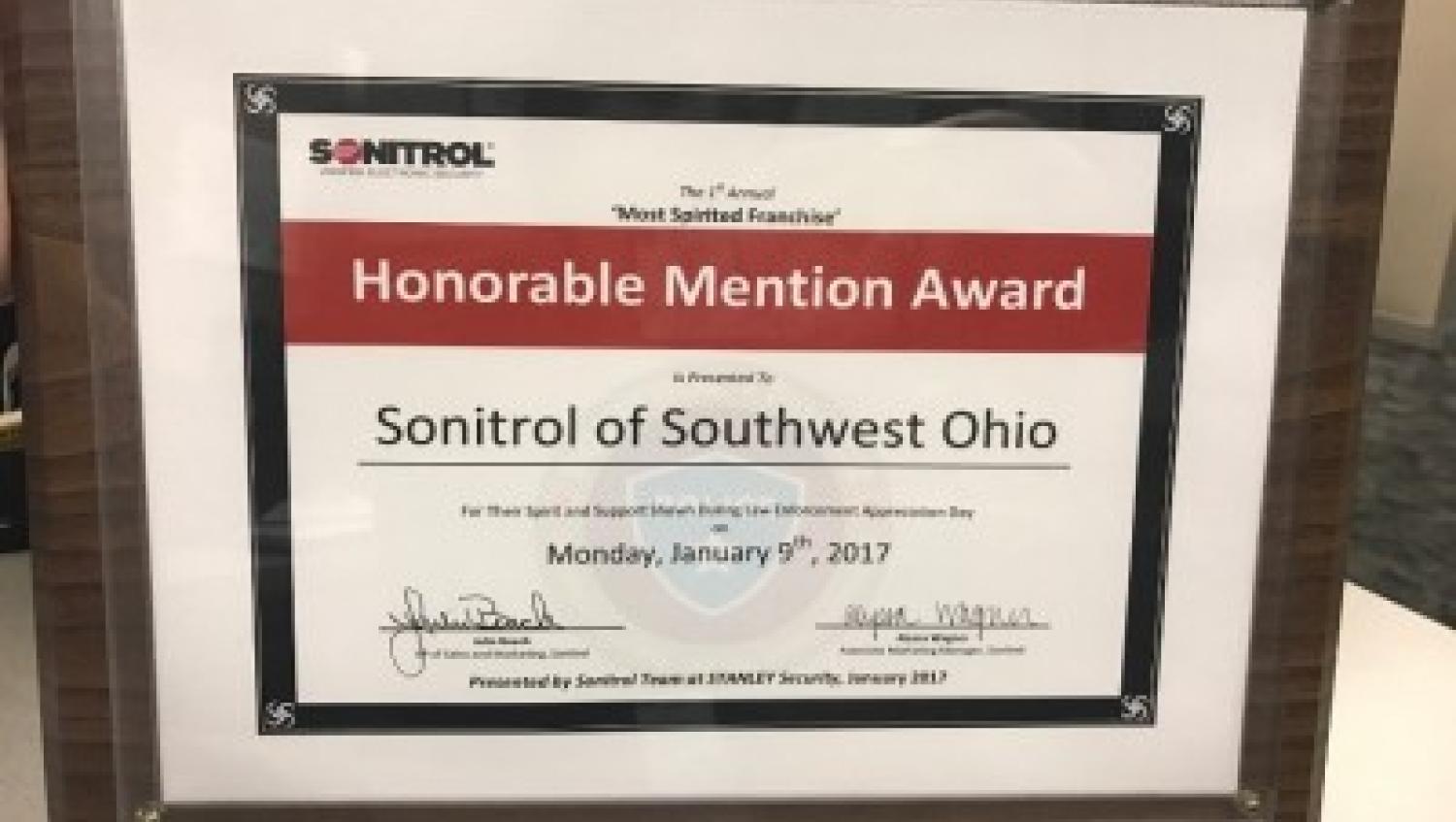 Sonitrol of Southwest Ohio Honorable Mention Award