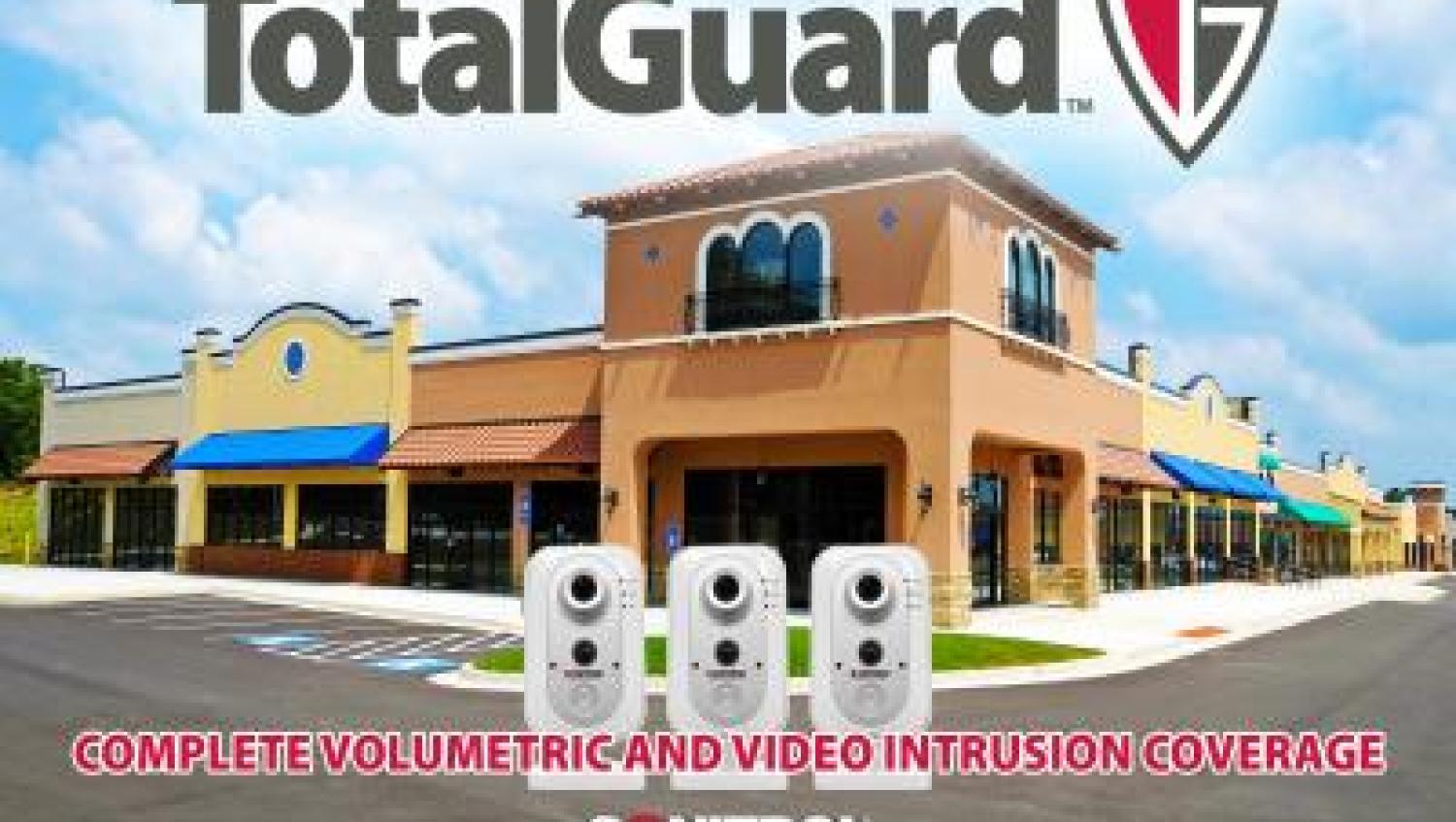 Totalguard Logo and three multisensors in front of strip mall