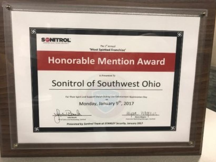 Sonitrol of Southwest Ohio Honorable Mention Award